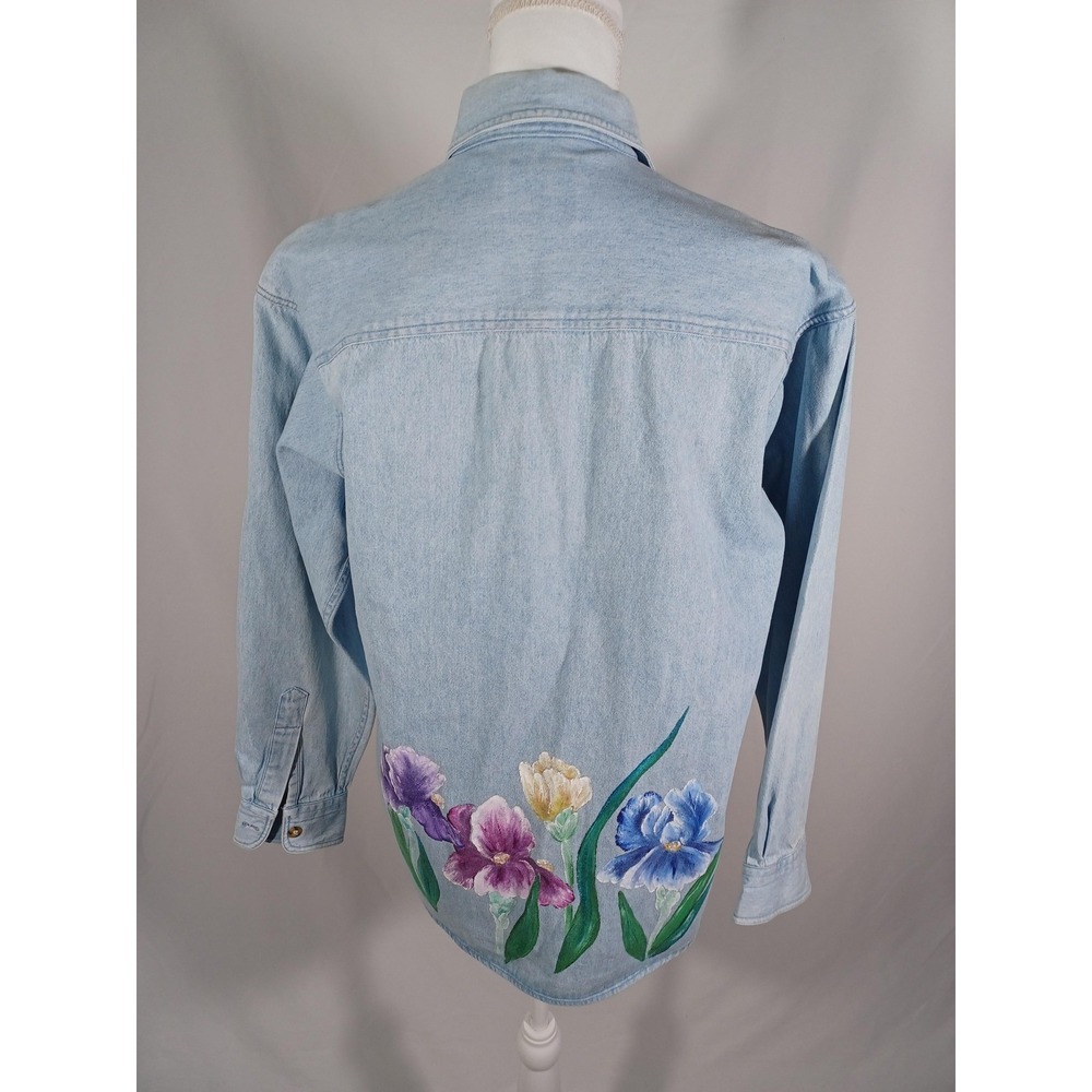 Sun Belt Denim Shirt Womens Small Blue Hand Painted Iris Floral Button Up - Picture 4 of 6